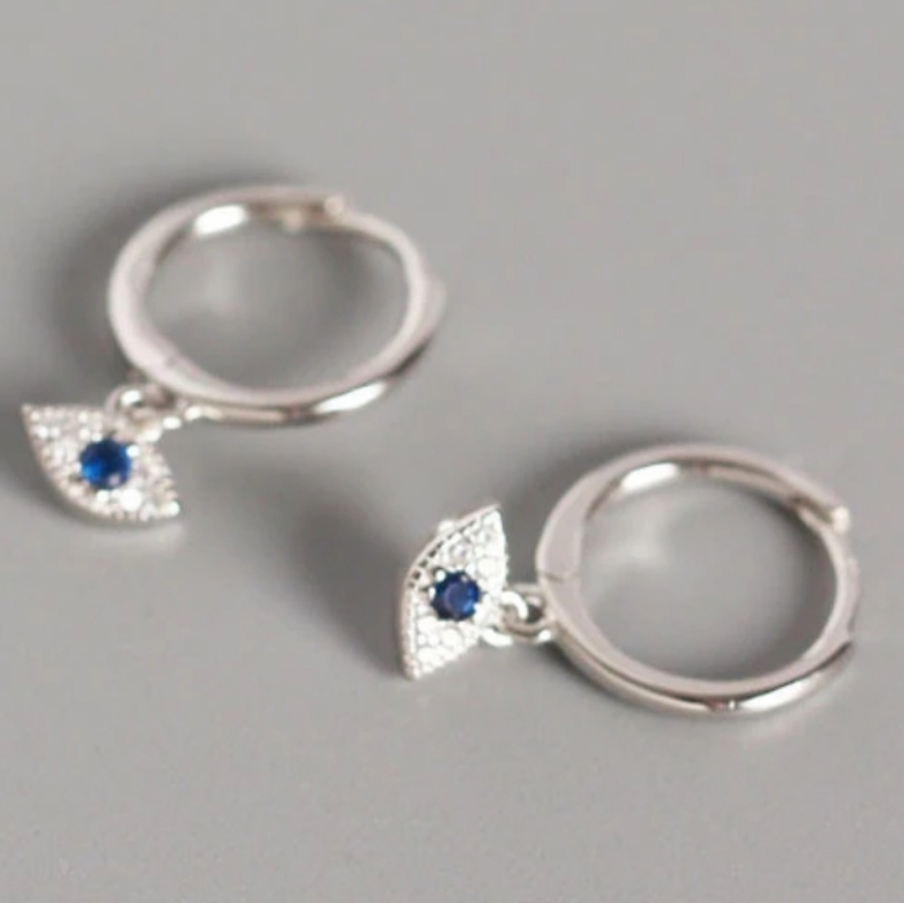 ♥️NWT  Silver Hoop Earrings  Cubic Zirconia Evil  eye …
